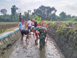 Babinsa Koramil Sananwetan Bersama Kelompok Tani Bersihkan Irigasi